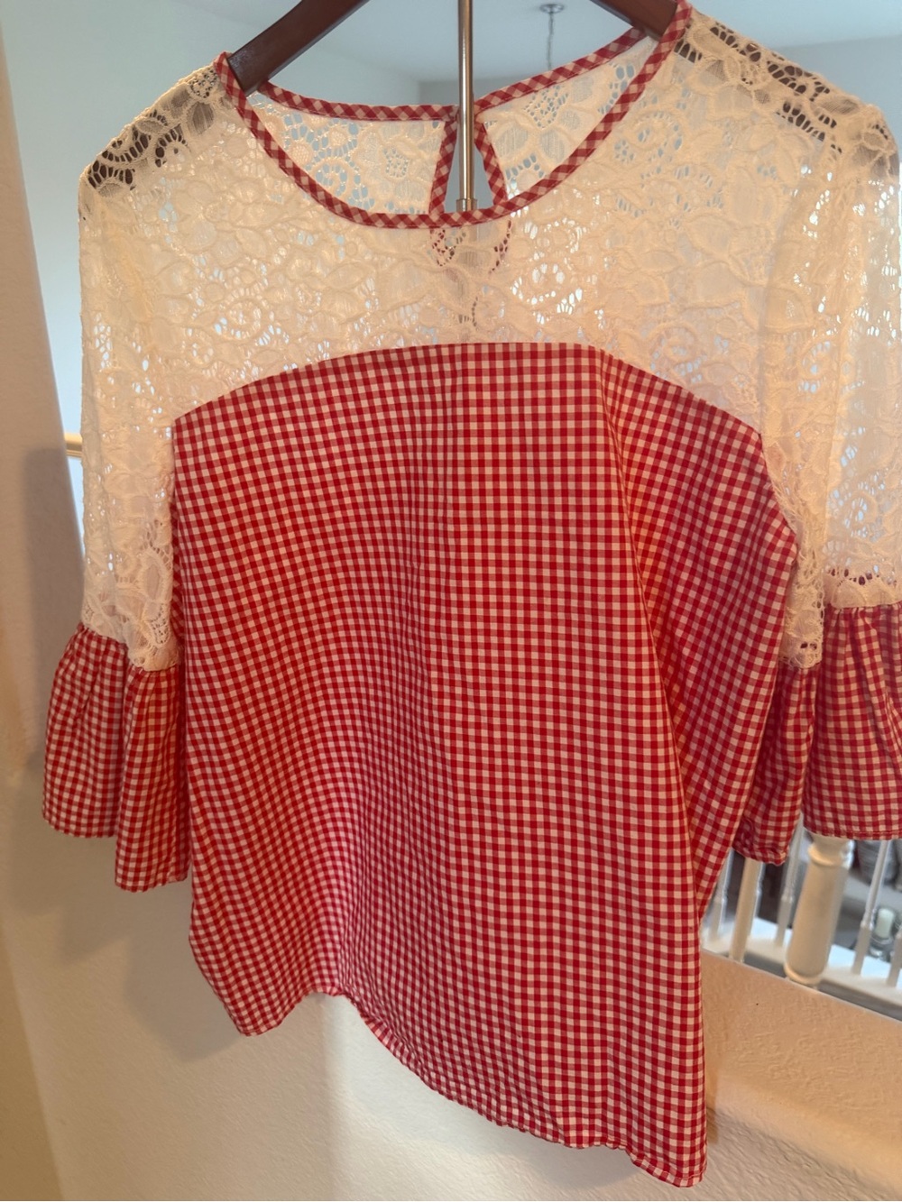 Marc New York Red White Gingham Check Lace Yoke Bell Sleeve Blouse Top L - Picture 7 of 11